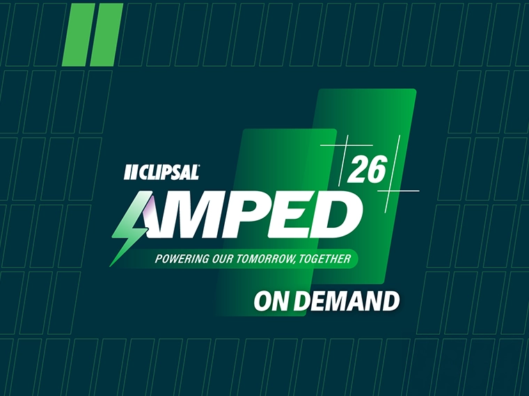 Clipsal Amped 26 On Demand with green gradient shapes and grid background.