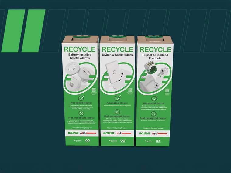 Front view of three recycling collection bins for smoke alarms, switch plates, and Clipsal products.