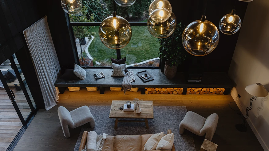 An overhead shot of Design Builders’ newest build in Taupō’s living room.