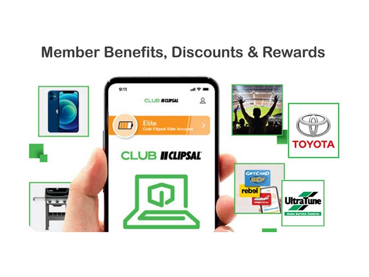 Smartphone displaying the Club Clipsal app with member rewards and partner offers.