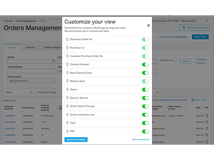 mySchneider order management user interface