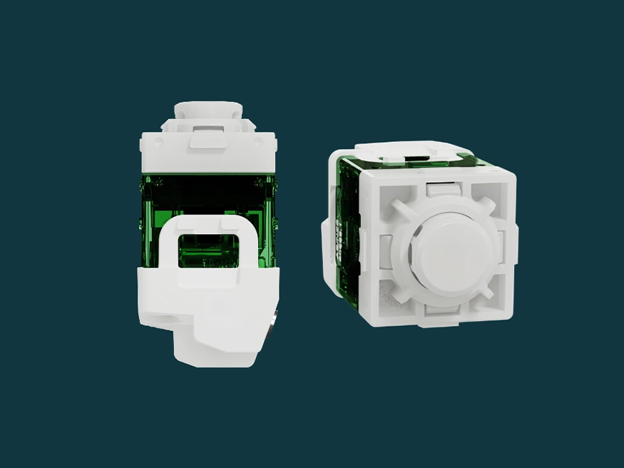 A close up of a new 40 Series push button mech from vertical and horizontal angles.
