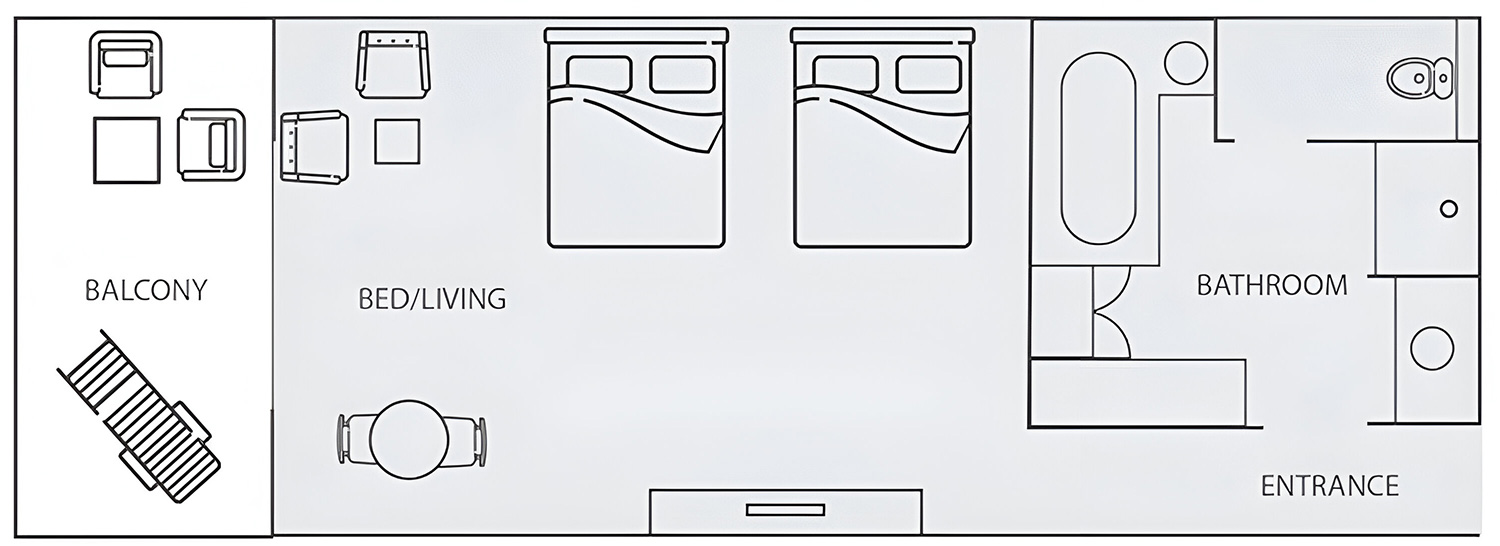 The floor plan of the Reef View Hotel’s King or Queen/Queen room.