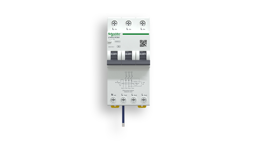Front view of the new Acti9 iC60H3 3P+Ns RCBOs 