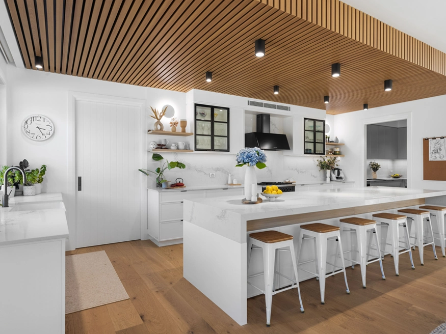 A stylish retro-modern kitchen with lights controlled by Clipsal Wiser Smart Home.