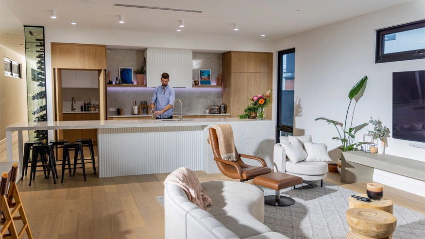 A modern home kitchen and living space.