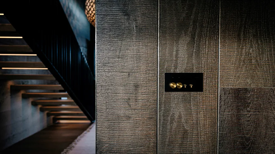 A Clipsal Solis T luxury switch in black with custom brass toggles, installed on a wooden wall.