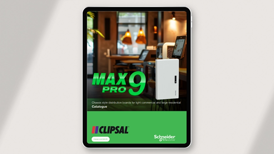 The Clipsal MAX9 PRO Technical Catalogue for electricians displayed on a tablet screen.
