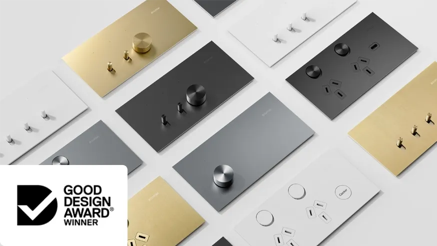 A collection of Solis Collection switches and power outlets with the Good Design Award logo overlaid on top.
