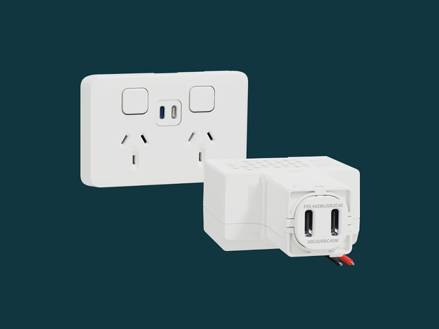 The new Clipsal dual USB charger mechanism 30E2USBC45M as a standalone mech and installed in an Iconic socket.