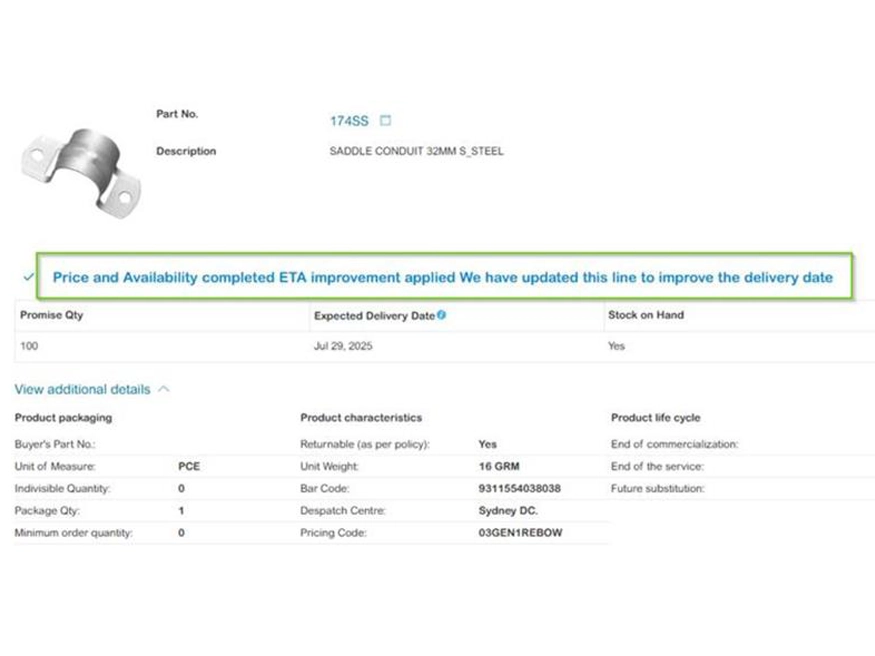A screenshot of the MySchneider platform showing product delivery ETAs