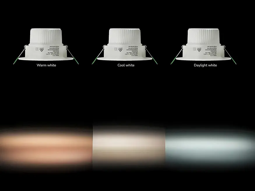 Three recessed lights labeled warm, cool, and daylight white, showing yellow, neutral, and blue light tones.