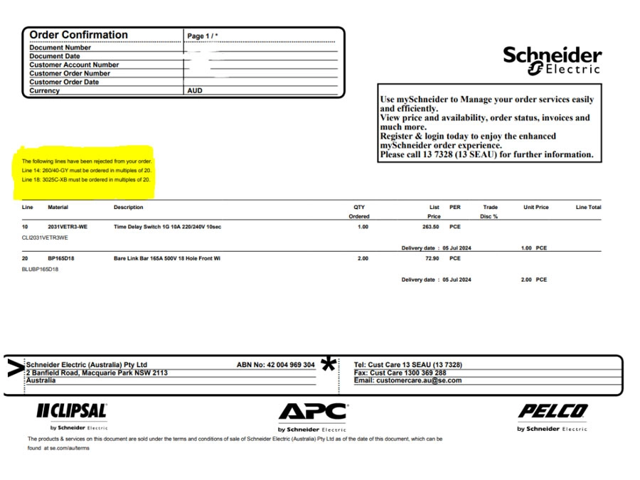 Order information in mySchneider