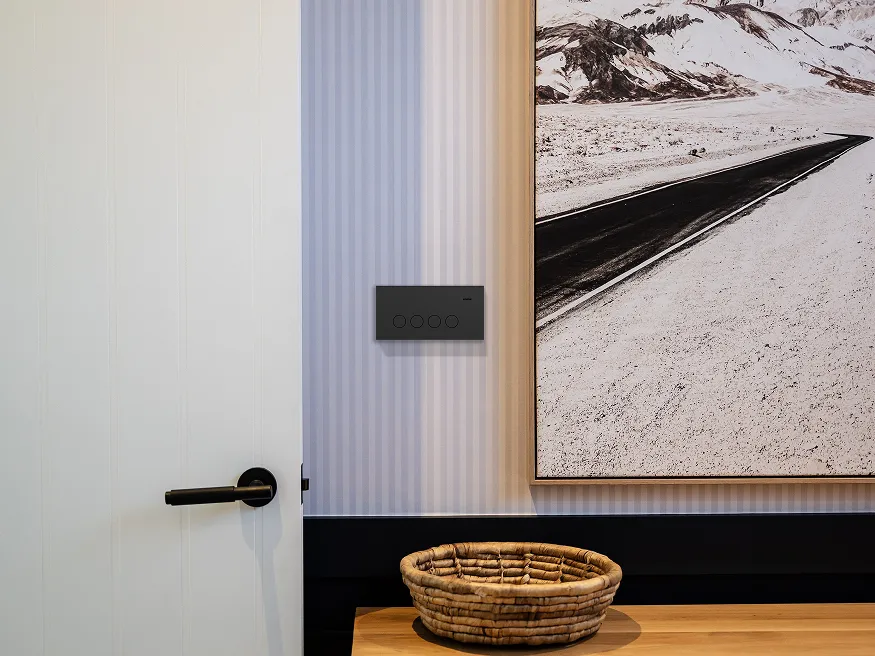 A Clipsal Solis power point in matte black installed on feature wallpaper.