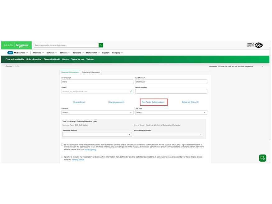 A screenshot of the MySchneider platform highlighting the new 2-factor authentication.