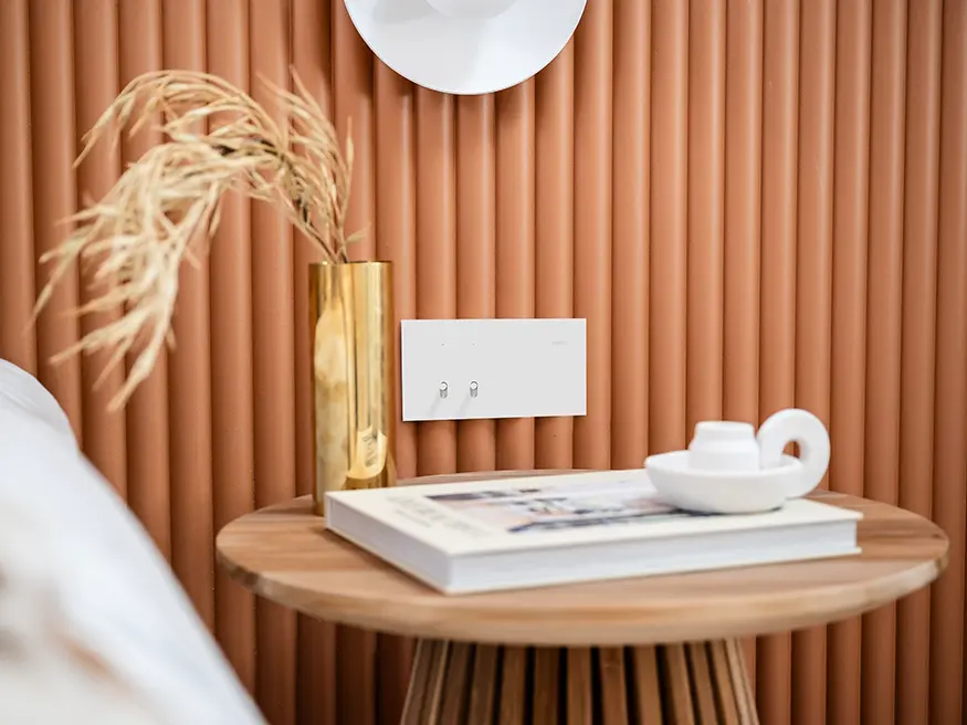 2-Gang Clipsal Solis T Series flush switch in white ceramic, mounted on a wall.