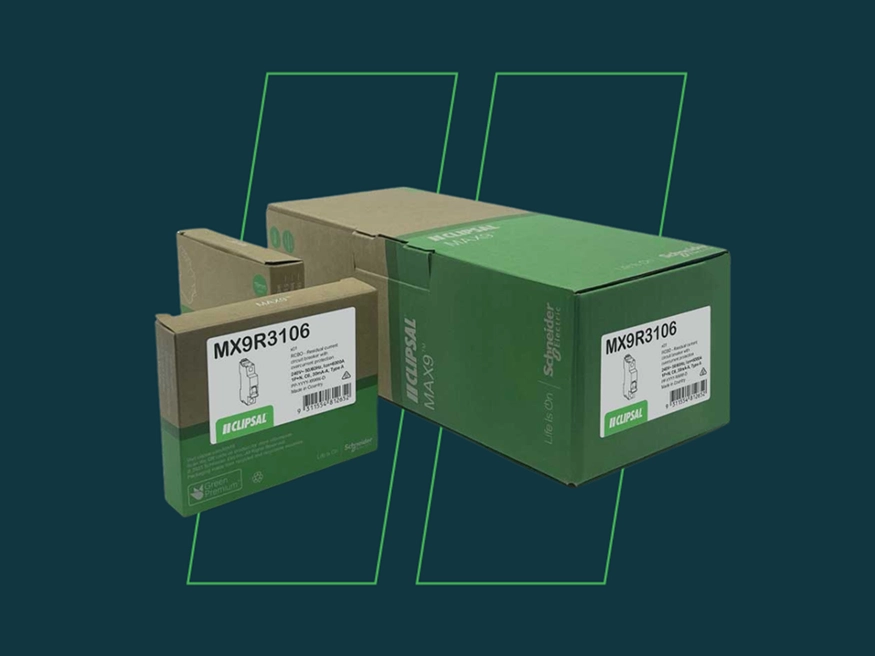 Clipsal MAX9 Product Packaging, made from 70% recycled cardboard to align with Schneider Electric sustainability efforts.