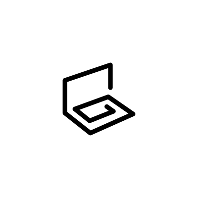 Black and white icon of a laptop viewed from the side.