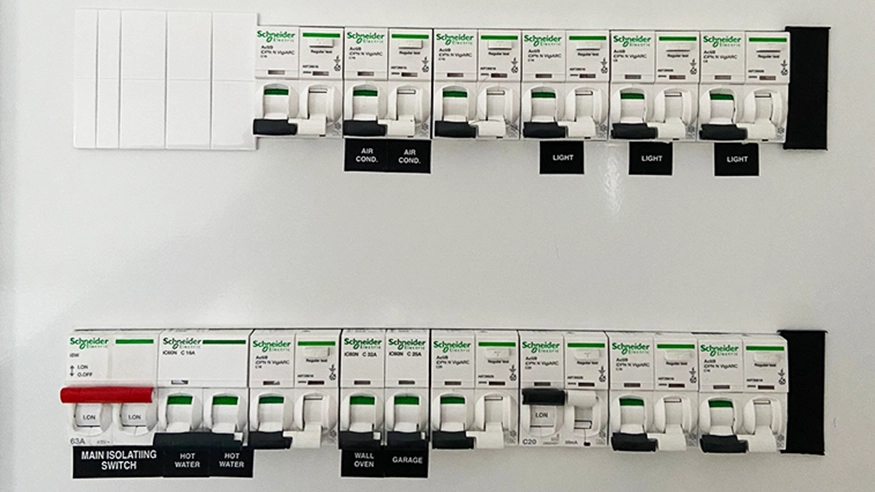The Woolston home’s switchboard during upgrades, with new AFDD technology installed.