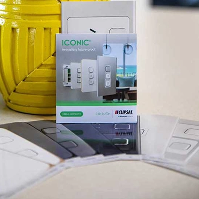 A spread of Iconic switch electrostatic stickers from a Clipsal sticker box.