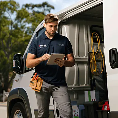 Electrician standing beside a service van, using a tablet with tools and equipment visible inside the vehicle.