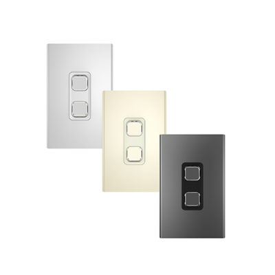 Image of three Clipsal Iconic Styl switches displayed on a white background, showcasing their unique designs.