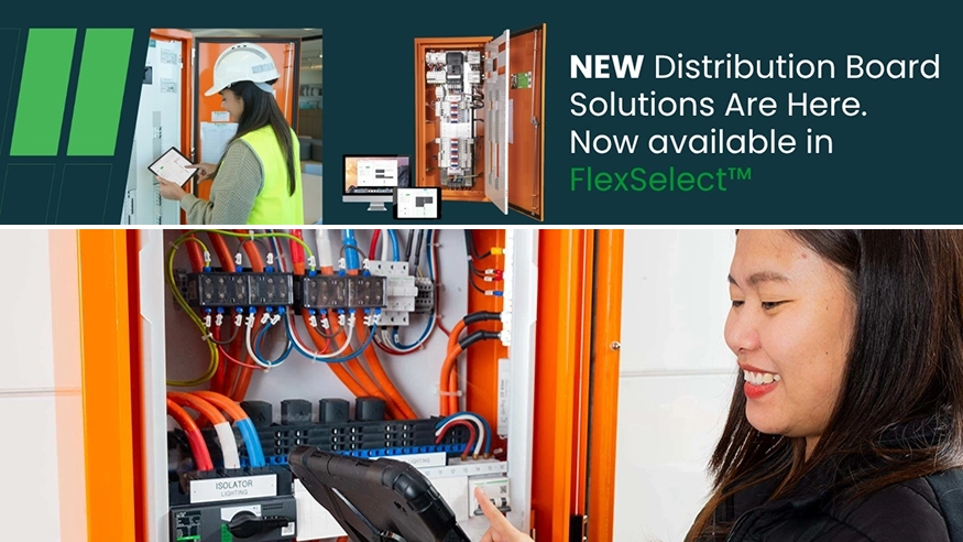 An image of a wholesaler using FlexSelect, with text 'New Distribution Board Solutions Are Here. Now available in FlexSelect'.