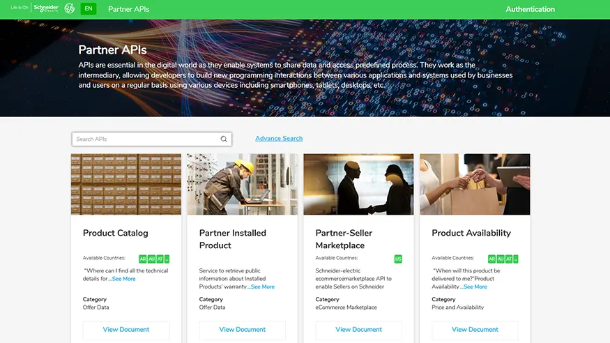 Schneider Electric Partner APIs user interface.